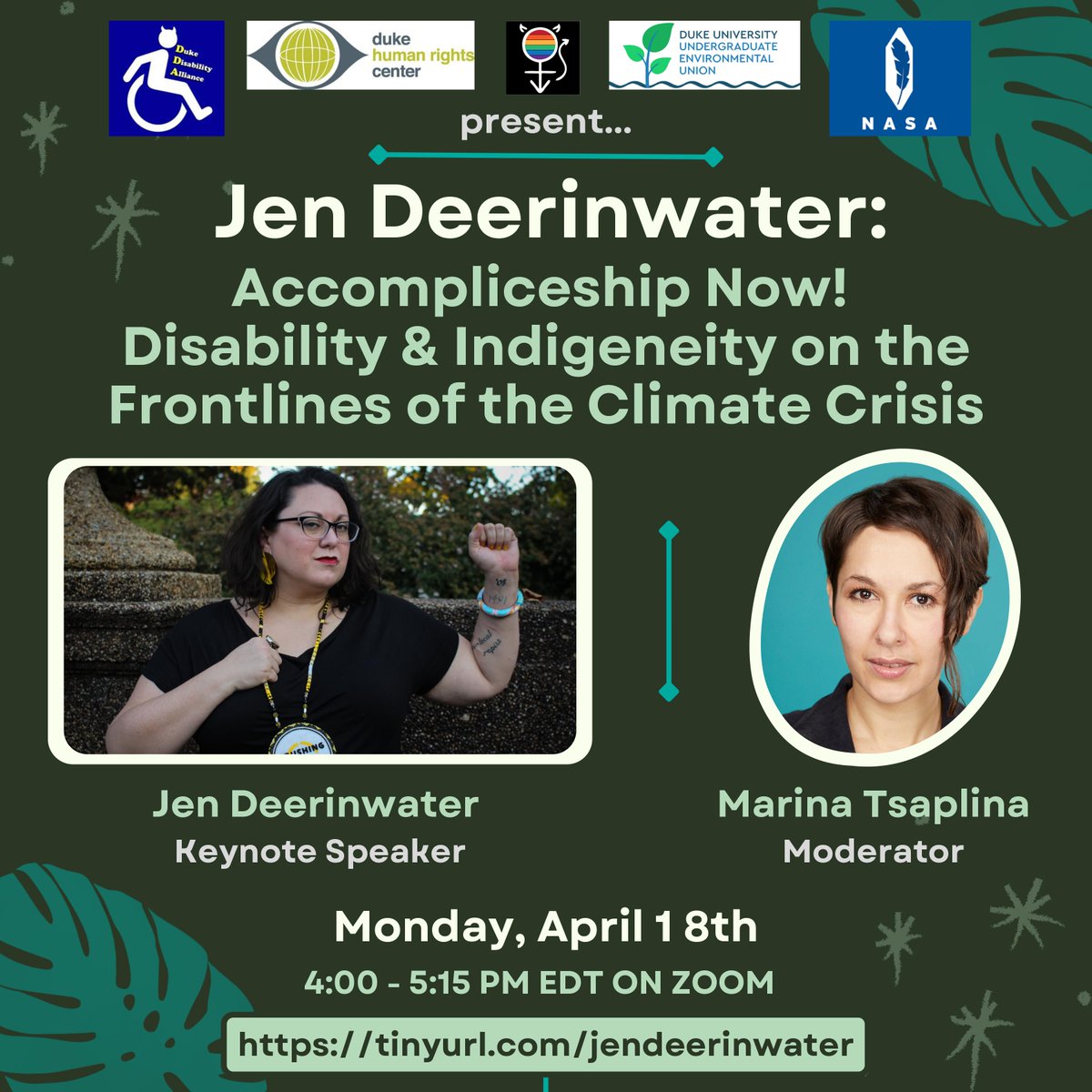 JenDeerinwater's tweet photo. UPCOMING EVENTS! Join me for these two talks on Monday, April 18th with @DukeU at 4-5:15pm EDT, https://t.co/0nBVOOGIFM & with the @berkeleyforum at 9pm EDT, https://t.co/lMSGs6LXXJ #CripUpClimate #NativeTwitter #DisabilityTwitter #ClimateActionNow https://t.co/z8IRgFAZ0U