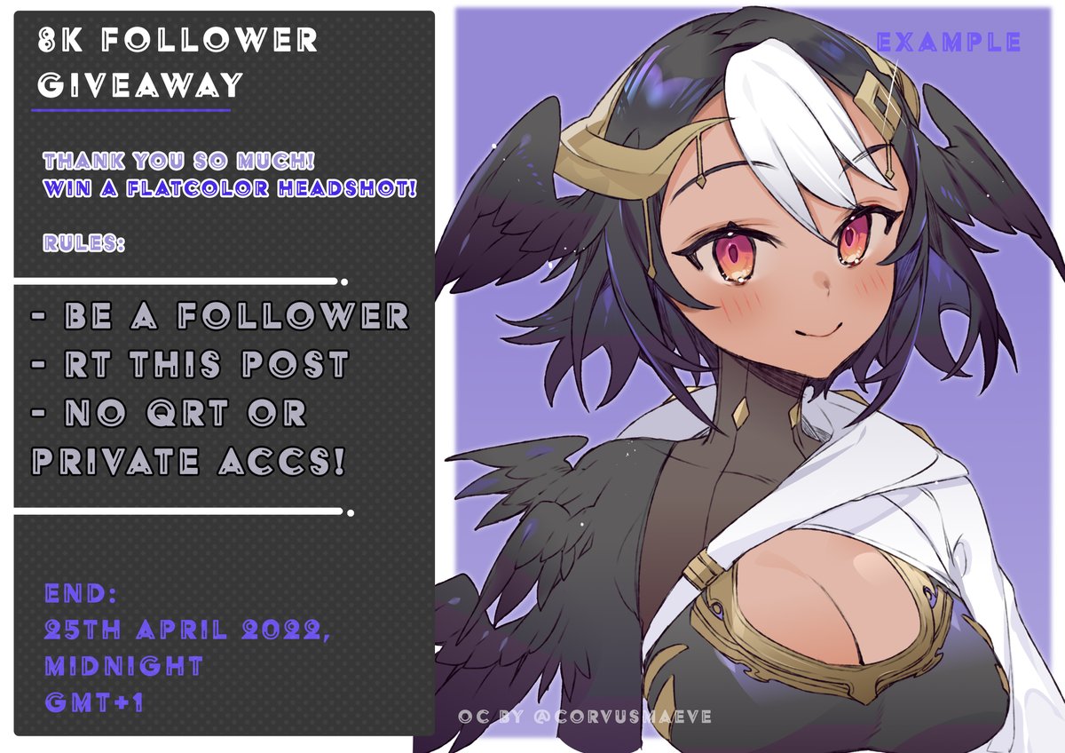 Dat_YunYang's tweet photo. 8k follower giveaway!
Here we go, thank you all so much! You can win a flatcolored headshot as seen in the example (more details in the comments)!
RULES:
- Be a follower!
- RT this post (no QRT or private accs!)
- Ends on 25th April 2022, midnight gmt+1! Good luck everyone!✨ https://t.co/x9bapI0IGn