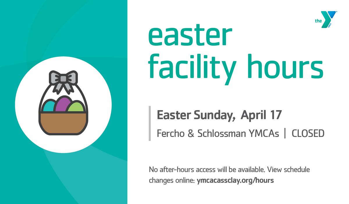 Happy Easter weekend! Reminder that both the Fercho and Schlossman YMCAs will be CLOSED on Easter Sunday, April 17.

Learn more and view all schedule changes online: ymcacassclay.org/hours-rules