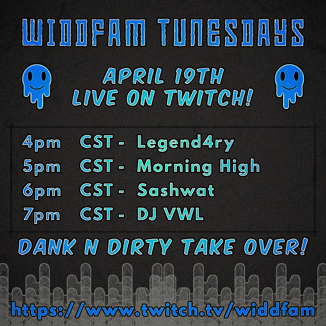 WiddFam's tweet image. Next on Widdfam Tunesdays we have a @DankNDirtyDubz takeover! This stream is on the eve of the release of their 4/20 compilation which is sure to be essential listening on your holiday. We also have label head @SerpentEyesDub stepping in to guest host!

@Legend4ry 
@DJSashwat