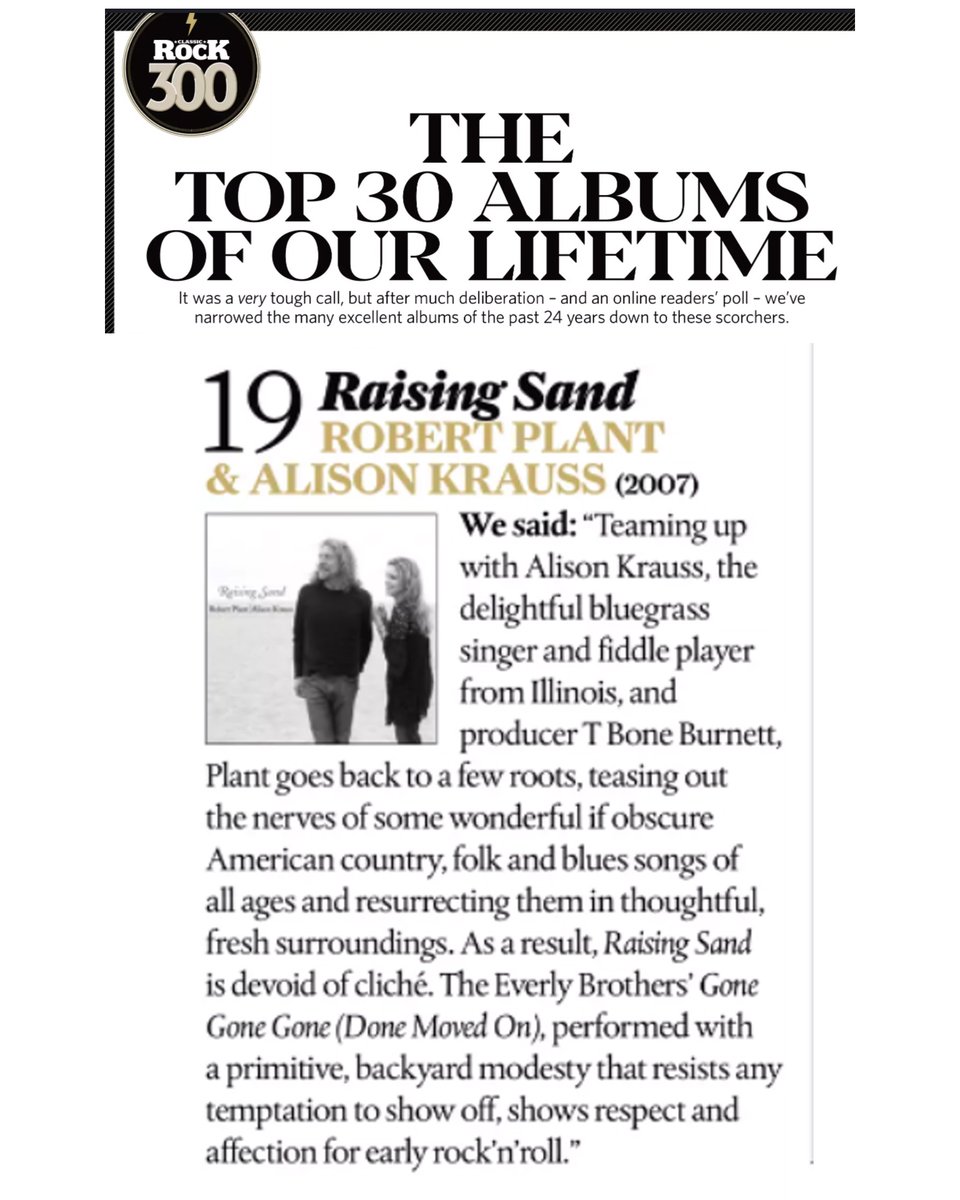 'Raising Sand' is #19 on <a href="/ClassicRockMag/">Classic Rock Magazine</a>'s Top 30 Albums of our Lifetime.