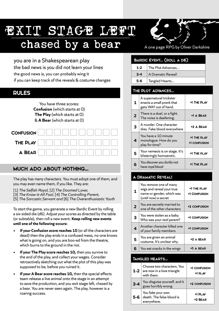 it's the weekend, so let's do this one more time
the culmination of many years spent failing to learn shakespeare (sorry Dr Stuart, you tried your best)

I present
"Exit Stage Left, Chased By A Bear" the rpg