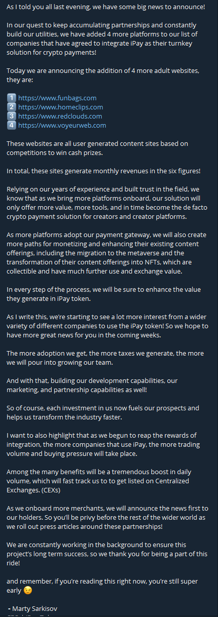 iPay_Token's tweet photo. Today our CEO, Marty Sarkisov announced 4 more partnerships! Funbags, Homeclips, Redclouds, Voyeurweb. #ipaytoken https://t.co/OLBnFbnFp9