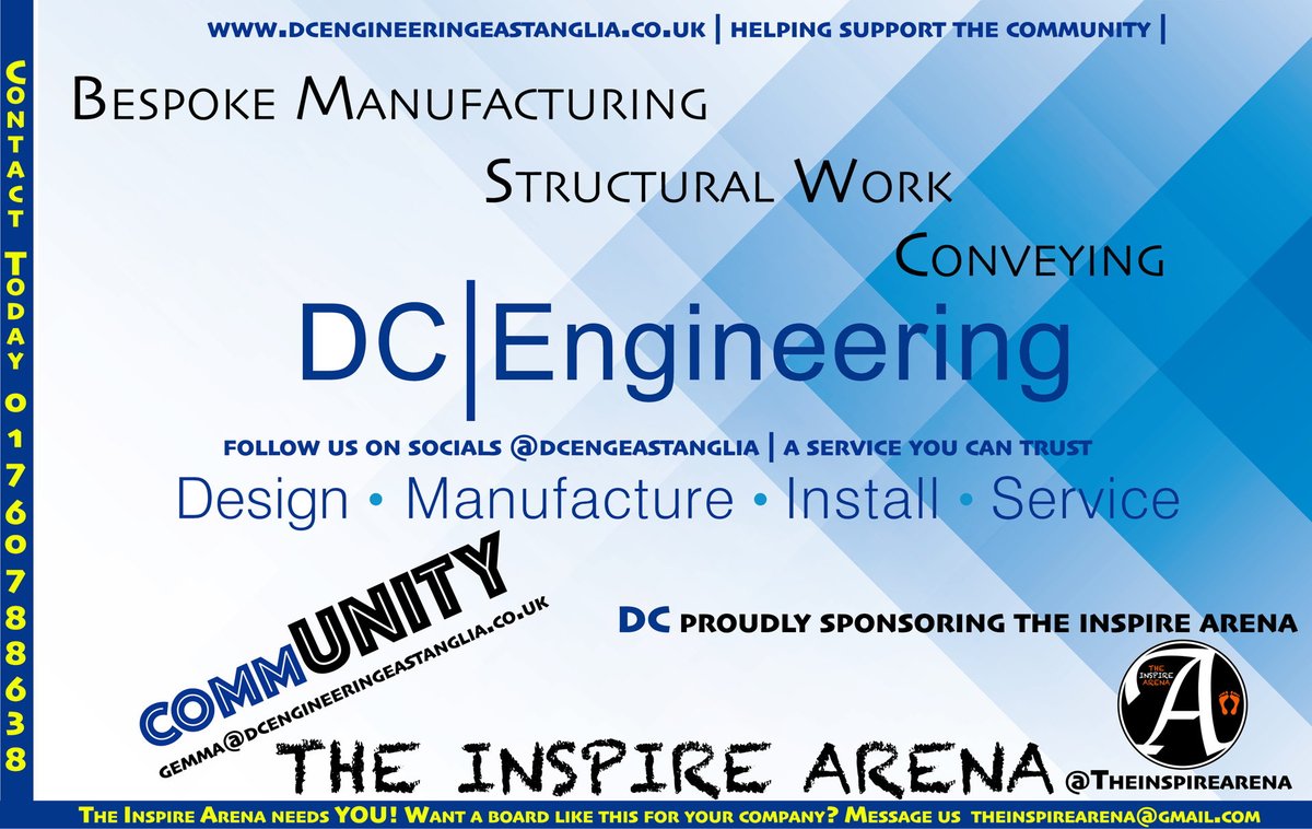 We would like to thank DC Engineering for partnering with <a href="/TheInspireArena/">The Inspire Arena</a> 

A local business with glowing reviews 🚨 Design 🚨 Manufacture 🚨 Install 🚨 Service 🚨

Contact them today on 01760 788638 | #commUNITY

Want your business to have a sponsorship board in the Arena? ‼️