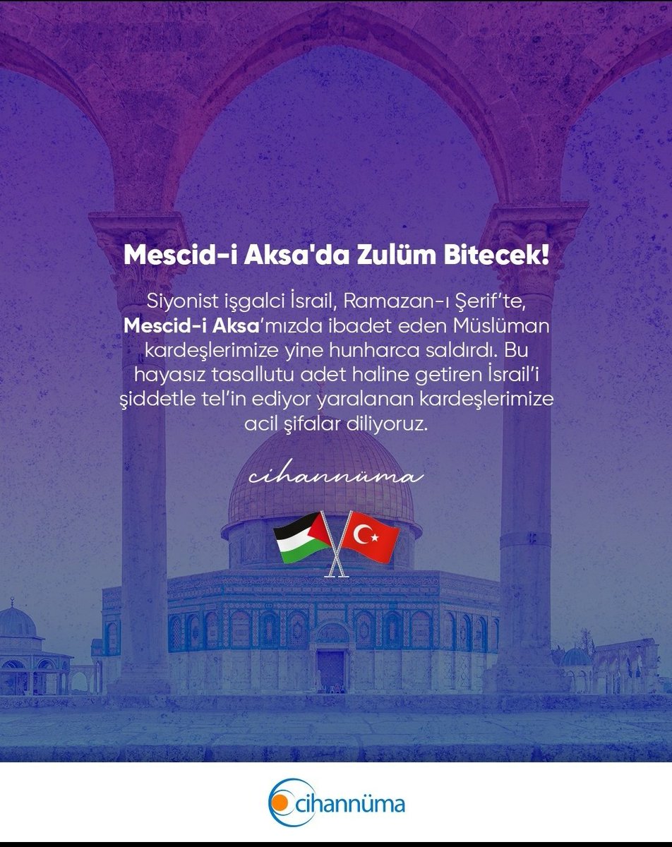 Siyonist işgalci İsrail, Ramazan-ı Şerif’te, Mescid-i Aksa’mızda ibadet eden Müslüman kardeşlerimize yine hunharca saldırdı. Bu hayasız tasallutu adet haline getiren İsrail’i şiddetle tel’in ediyor yaralanan kardeşlerimize acil şifalar diliyoruz.

#GözümüzKulağımızAksada
