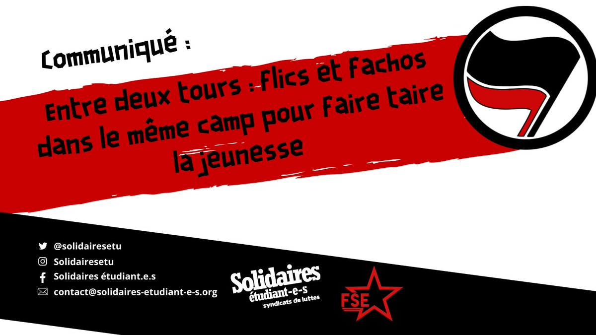 [COMMUNIQUE]
Entre deux tours : flics et fachos dans le même camp pour faire taire la jeunesse !

A lire sur notre site internet : solidaires-etudiant-e-s.org/site/2022/04/1…

<a href="/FSE_natio/">Fédération Syndicale Étudiante</a>