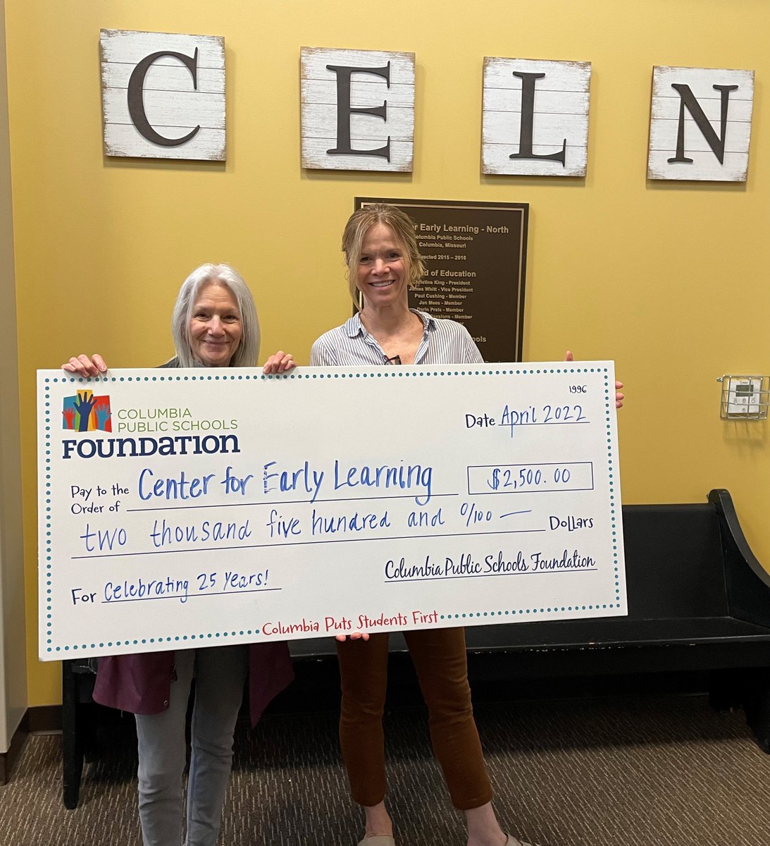A HUGE thanks to the Columbia Public Schools Foundation for the $2,500 grant to our CPS Early Childhood Department.  The Preschool, Early Childhood Special Education, and Parents as Teachers programs are thankful for your support!
