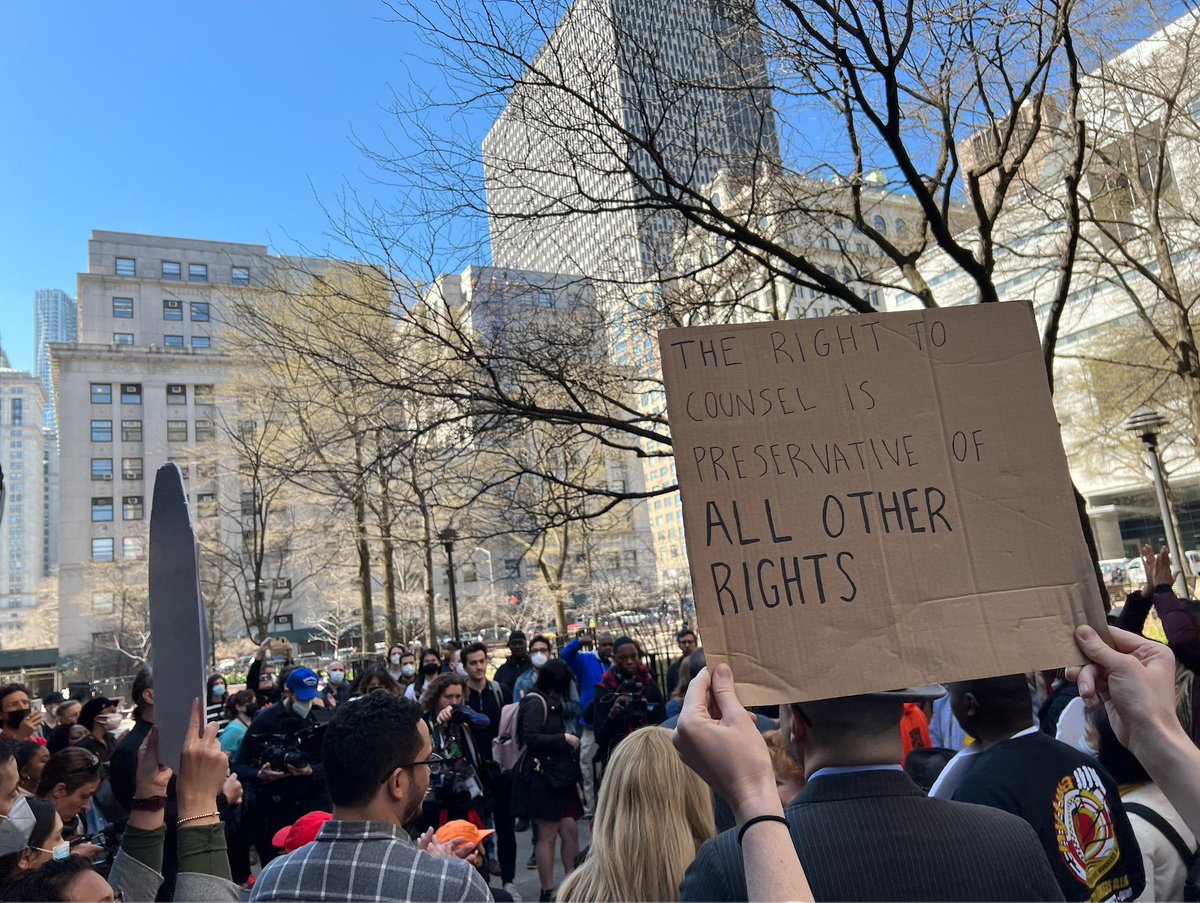 Close-up of a cardboard sign being held at a rally in front of Manhattan Civil Courthouse. Sign reads The Right to Counsel is Preservative of All Other Rights.