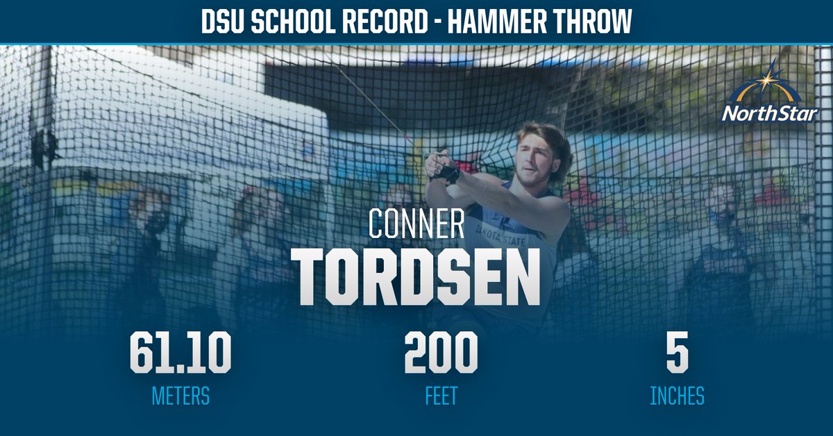 DSU_Athletics's tweet photo. 🚨🚨 SCHOOL RECORD! 🚨🚨

Tordsen tossed a monstrous 61.10 meters (200 feet, 5 inches) hammer throw mark on his third throw, the first time in @DSUTF school history to pas 200 feet mark!  His mark moved into the top 5 in the NAIA as of 3:45 p.m.!

#WeAreDSU #TrojanNation⚔️ https://t.co/14iW2sJ9vl