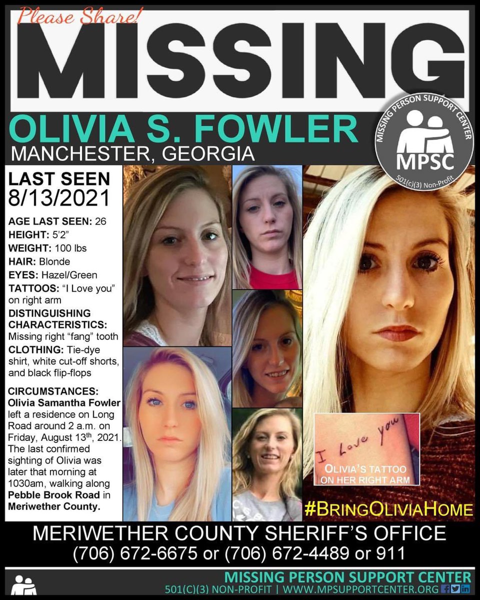 TrueCrimeSister's tweet photo. 🔺#MISSING #GEORGIA #SHARE
#OliviaFowler
Age at missing: 26yrs old
5’2”
100lbs
Blonde hair
Hazel/Green eyes
Last seen 8/13/21
#MeriwetherCounty @OliviasArmy26 #OliviasArmy https://t.co/1QeIYDue8U
