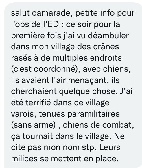 Portes_Thomas's tweet photo. Le Pen est aux portes du pouvoir, et déjà les milices racistes se mettent en place. Voilà ce que j’ai reçu ce soir en message privé. Terrifiant. https://t.co/Y7BkHSIO9s