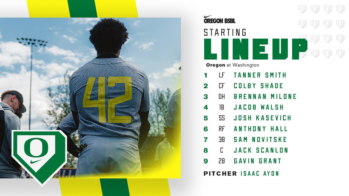 𝐒𝐭𝐚𝐫𝐭𝐢𝐧𝐠 𝐋𝐢𝐧𝐞𝐮𝐩 @JGWalsh_ wearing No. 42 for the Ducks on Jackie Robinson Day. Watch 👉 bit.ly/3rm5AAt Listen 👉 bit.ly/3ve0h8G Stats 👉 bit.ly/3va7oPE #GoDucks | #JackieRobinsonDay