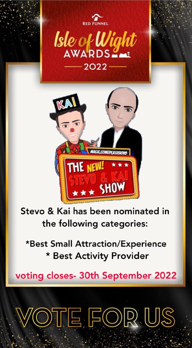 Please share and say you have voted on both 

Stevo &amp; Kai has been nominated in the following categories for the “Red Funnel Isle of Wight Awards 2022”:
*Best Small Attraction/ experience 
*Best Activity Provider 

Click the link below to vote 

redfunnel.co.uk/en/isle-of-wig…