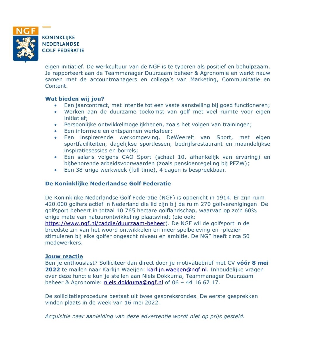 ******** VACATURE ******** 
Adviseur Duurzaam beheer &amp; Agronomie(32-38 uur)⛳️♻️🏌‍♀️
#FOCUS