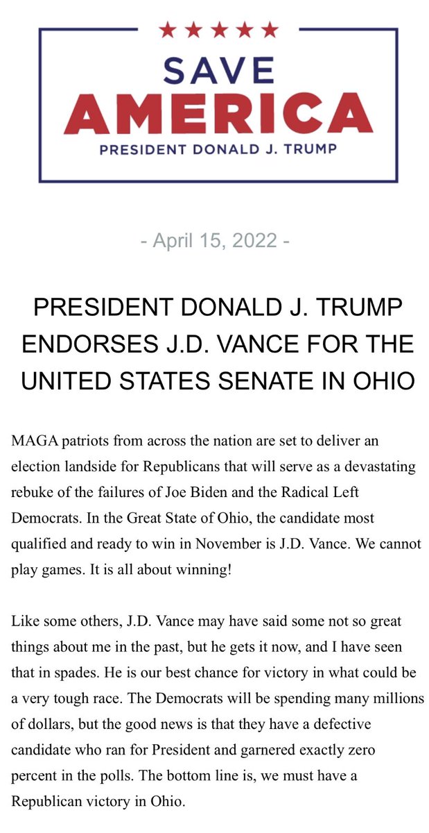 Budowich's tweet photo. 45: It is time for the entire MAGA movement, the greatest in the history of our Country, to unite behind J.D.’s campaign … he will put America First. In other words, J.D. Vance has my Complete and Total Endorsement. He will not let you down. MAKE AMERICA GREAT AGAIN! https://t.co/zGFuAbLxnx