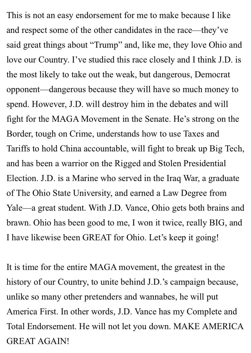 Budowich's tweet photo. 45: It is time for the entire MAGA movement, the greatest in the history of our Country, to unite behind J.D.’s campaign … he will put America First. In other words, J.D. Vance has my Complete and Total Endorsement. He will not let you down. MAKE AMERICA GREAT AGAIN! https://t.co/zGFuAbLxnx