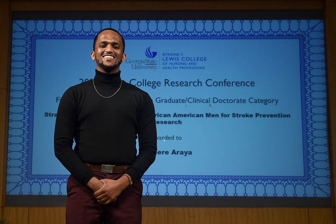 GaStateSNHP's tweet photo. Congratulations to doctor of nursing practice student Semere Araya! He took first place in the master’s/clinical doctorate category of the 2022 Lewis College Research Conference. 

#LewisGSU #GSUnursing https://t.co/yJ3mipCmxD