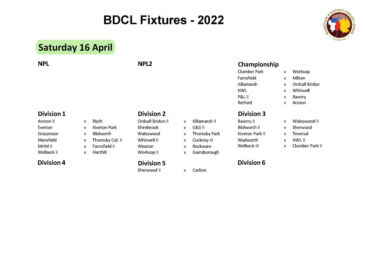 BDCL_official's tweet photo. Round one of the 2022 season fixtures tomorrow. The weather looks set fair so we hope everyone enjoys the afternoon. Good luck to all our league clubs this season, and a Happy Easter to everyone involved from the LMC. #spiritofcricket. https://t.co/XuEB4YzeOb