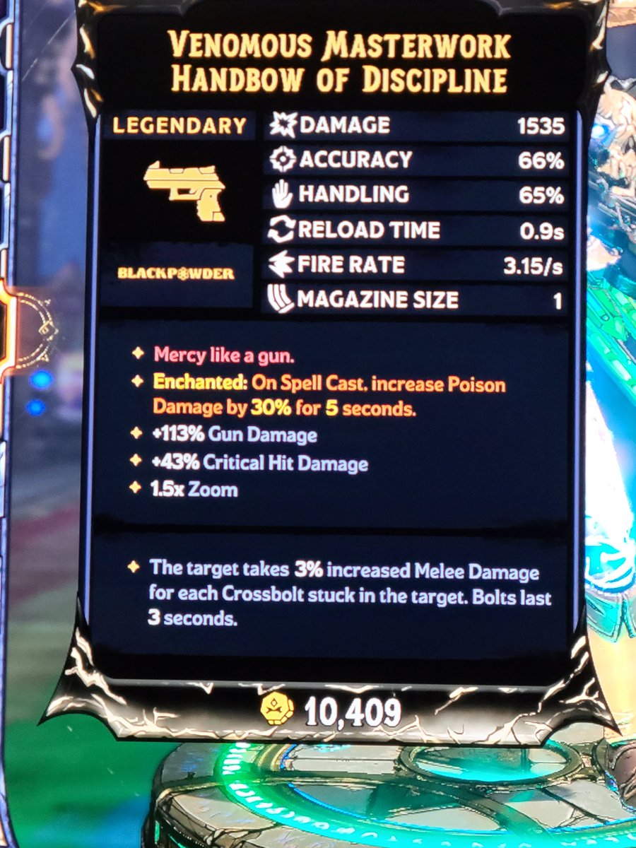 I just picked this gun up during chaos trial 8. Left pic is before I restarted the game bc my keys weren't showing up. Right pic is same gun after reloading I to game. Wtf gearbox?
#TinyTinasWonderlands 
#nerfed
#superbogus
#gameover
#screwedup
#gearbox
#ttw