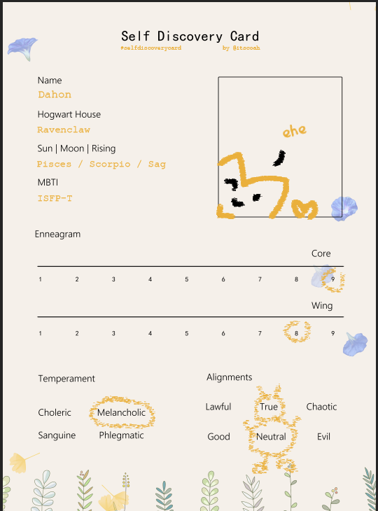 leafydahon's tweet photo. ok this is awkward but i had to redo mine as my hogwarts house changed again upon redoing it LMAO but anyways
#selfdiscoverycard #vtuber #ENvtuber #mbti #enneagram #moralalignment https://t.co/2TCWNtXUre