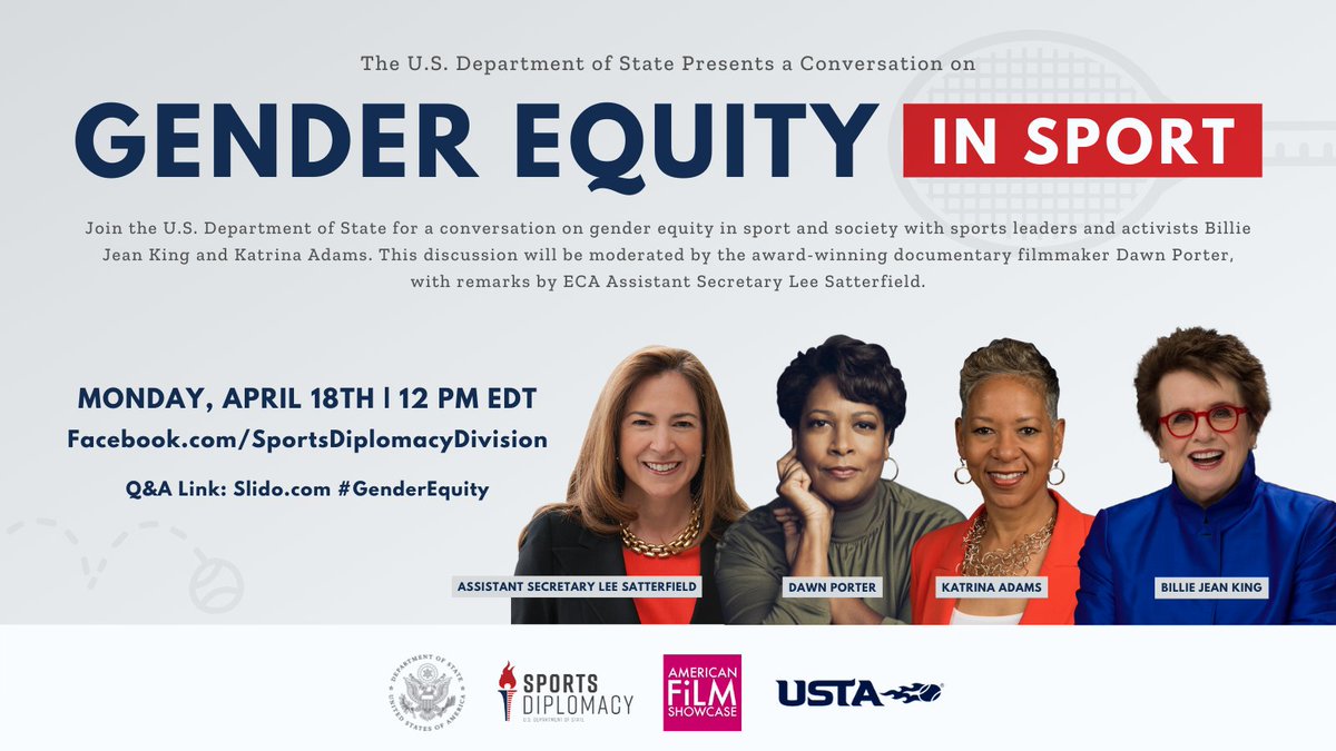 StateDept's tweet photo. This year marks the 50th anniversary of Title IX, the United States’ landmark legislation that afforded equal opportunity for women in sport and education. To learn more, join @ECAatState's panel discussion on Gender Equity in Sport. https://t.co/W48P9uqiRG https://t.co/y7Es4SV3o0