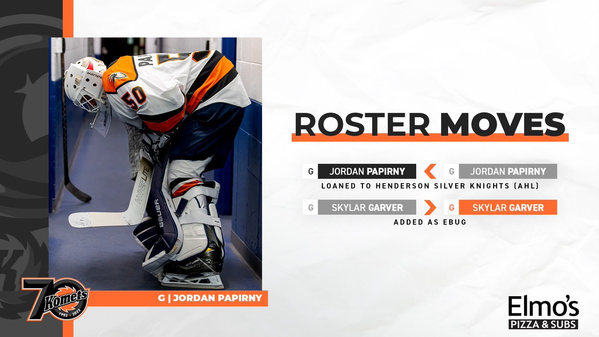 FWKomets's tweet photo. Roster Moves ⬆️⬇️
Presented by @ElmosPizza 

Goaltender Jordan Papirny has been loaned to the @HSKnights. 

Equipment Manager Skylar Garver has been added as an EBUG for tonight’s game. https://t.co/BPpYwEYMFv