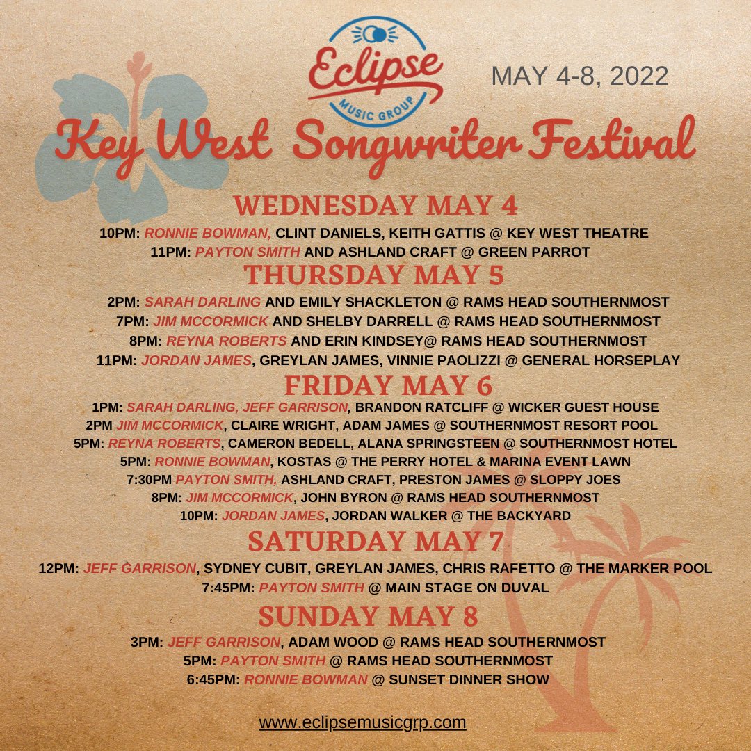 eclipsemusicllc's tweet photo. Eclipse Music Group is heading to The Keys! ✈️🏝 

This year’s Key West Songwriter Festival is going to be one to remember 🎶 https://t.co/9Q13vrUzjX
