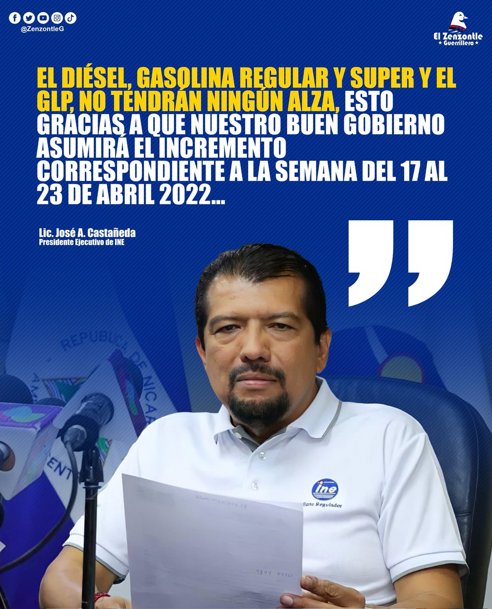 ‼️ #LOULTIMO | El Presidente de la República Cmdt. Daniel Ortega, informa a las familias a través del Instituto Nicaragüense de Energía, que el Gobierno asumirá el incremento del precio de los Combustibles y el Gas, correspondientes a la Semana del 17 al 23 de Abril 2022.