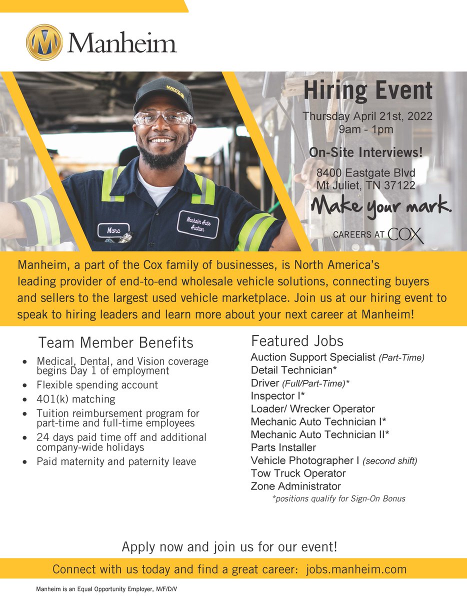 Manheim_NASH's tweet photo. Mark your calendars! Thursday, April 21st #manheimnashville is hosting a hiring event.  Come see what we are all about and take advantage of our top-in-class 🎩 benefits and sign-on bonuses. #coxautomotive  #hiring #tennesseejobs #greatbenefits https://t.co/tTvCRbmh0K
