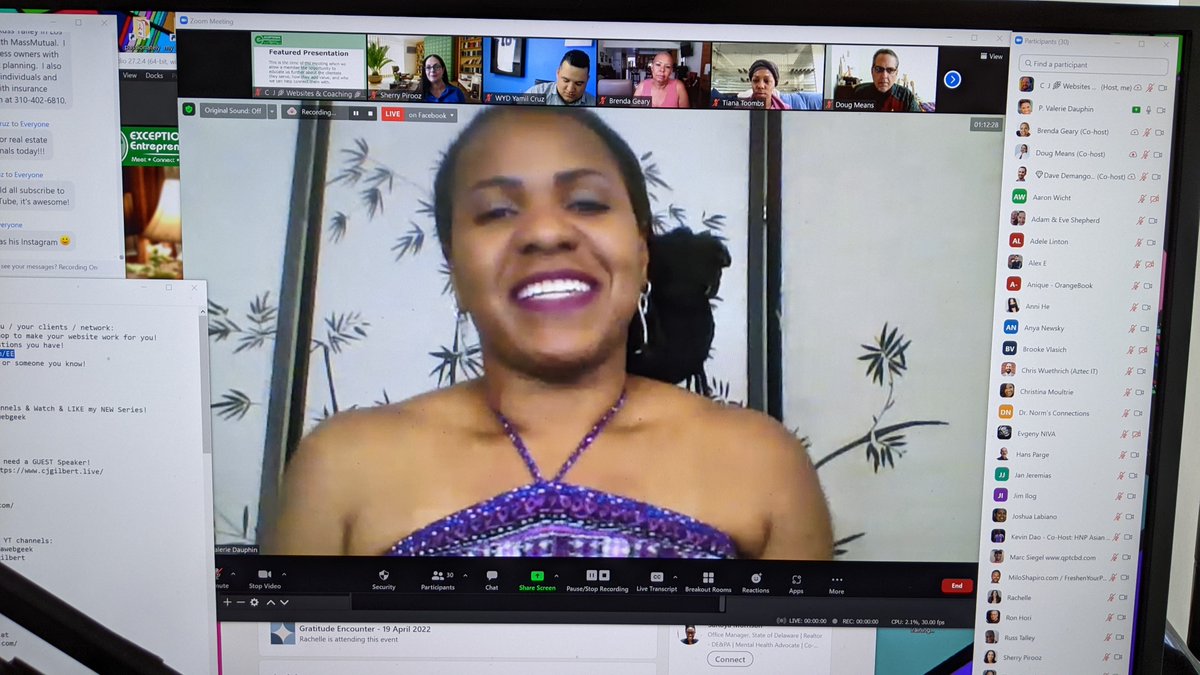 cjgilbertwebpro's tweet photo. Enjoyed hosting virtual #business #networking with exceptional #entrepreneurs!
Valerie Dauphin sharing her story and passion for fitness, dance and now helping BIPOC Women exceed and succeed in their business!
#FeelGood #KickAss #Confidence #DEI #ProDevelopment
#networkingee https://t.co/EVMgnvNUDT