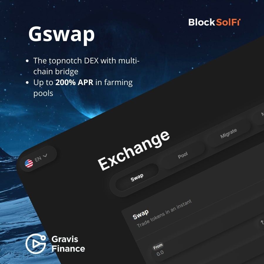 🔥 Gswap - Gravis Finance's multi-chain AMM DEX which combines high functionality with a simple interface and advanced #DeFi functions: liquidity migration from other exchanges, staking, Yield farming, and Auto-farming.