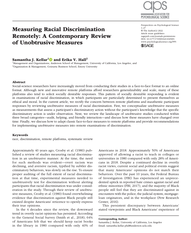samanthakellar's tweet photo. Excited (&amp; relieved) to share that my first, first-authored pub with Erika Hall is finally out! We review unobtrusive measures of racial discrimination over the last 40 years and provide recs for using such measures, with a focus on remote adaptations.

https://t.co/2LiNMXjsbv https://t.co/c5LhuKuLxR