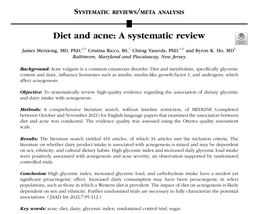 DrPaulMason's tweet photo. Do you have acne?

This systematic review of 34 articles concluded that carbs/sugar and dairy contribute to acne. 

More specifically, dairy consumption was shown to be a problem when consumed as part of a Western diet. https://t.co/y6QtYk24XS