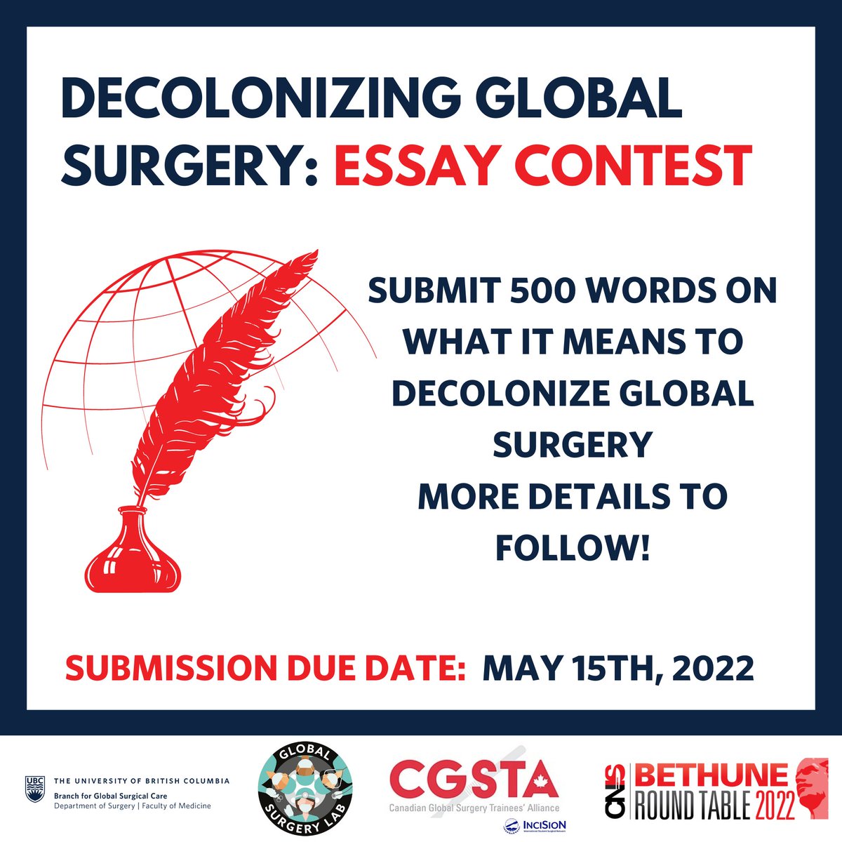 cgstaglobalsurg's tweet photo. ⭐⭐ As an exploration of Global Surgery under the lens of decolonization, we would like to welcome all Canadian trainees to submit an essay for our inaugural Global Surgery Essay Contest.⭐⭐#BRT2022 Check here for eligibility and submission information: https://t.co/DYlnuYxaXT https://t.co/UDRbiWP0ZM