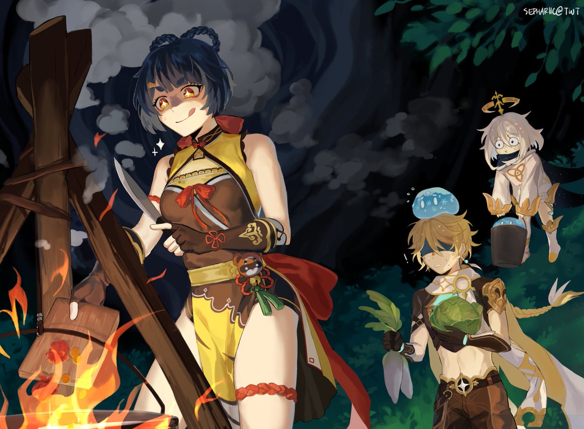 spread illustration for <a href="/GenImpactZine/">Carpe Diem Zine: WRAPPING UP!</a> ... very old as well :')

#GenshinImpact #原神 #Xiangling #Aether #Paimon