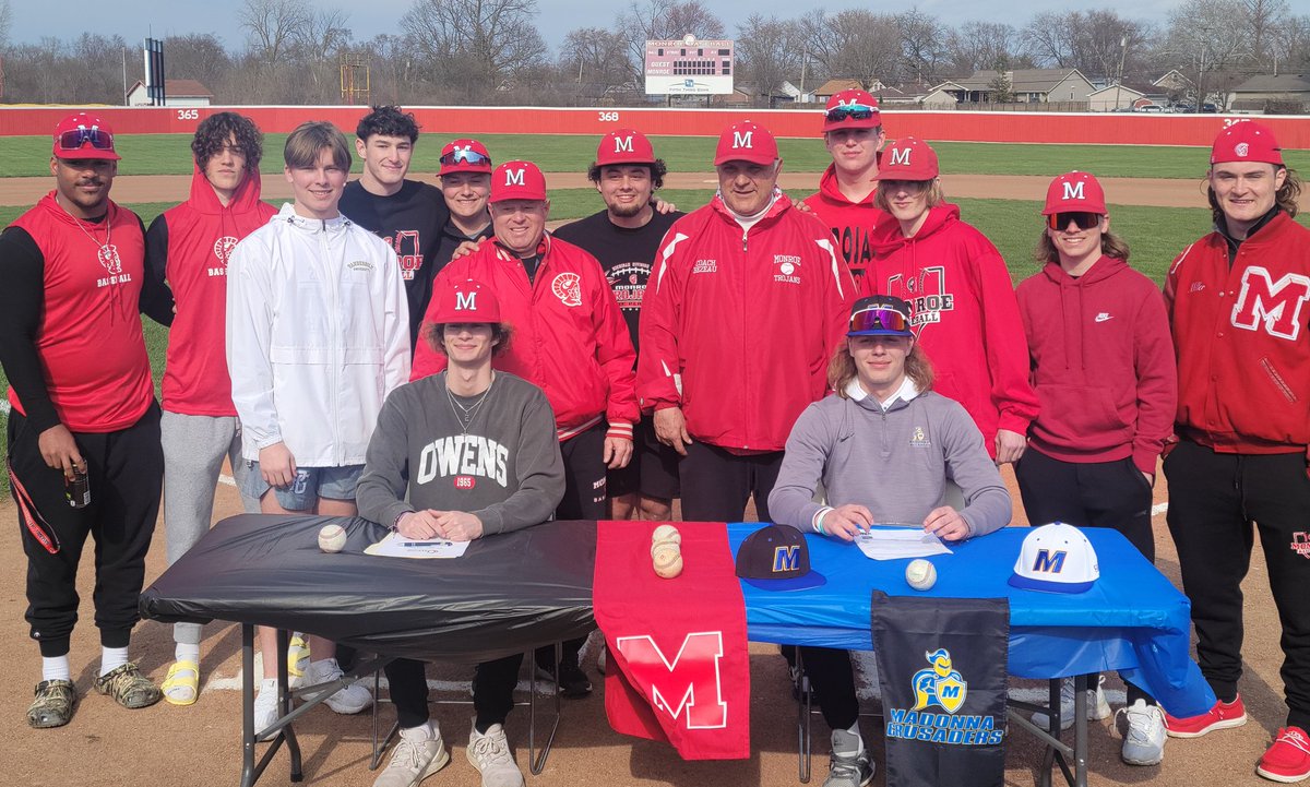 Monroe Trojans Baseball (@monroebase) on Twitter photo Congratulations to <a href="/ashton_elmer/">Ashton Elmer</a> (Madonna) & <a href="/CalebWinkelman/">caleb winkelman</a> (Owens CC) for signing their NLI today!
#TrojanPride Congratulations to <a href="/ashton_elmer/">Ashton Elmer</a> (Madonna) & <a href="/CalebWinkelman/">caleb winkelman</a> (Owens CC) for signing their NLI today!
#TrojanPride