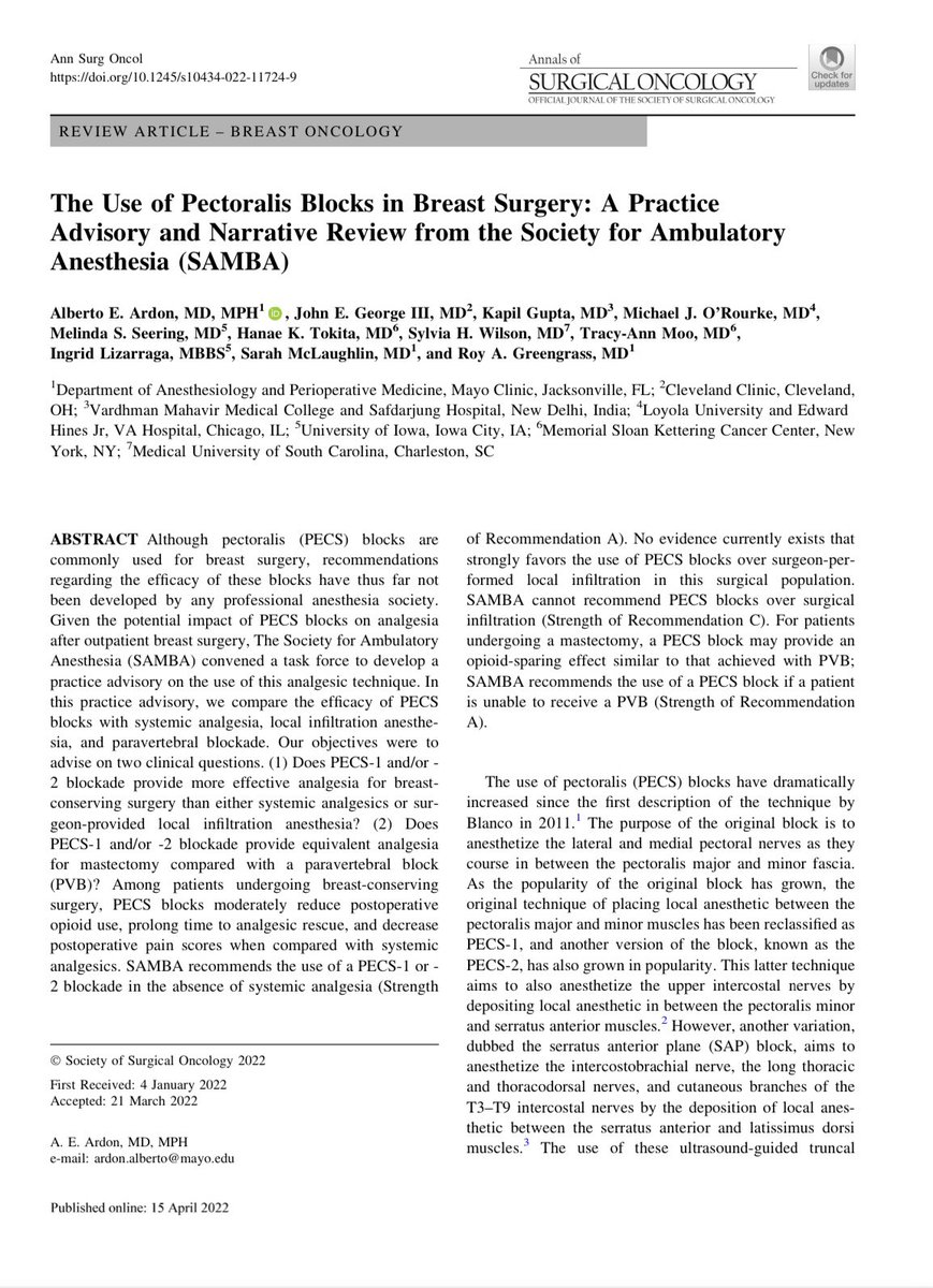 Hot off the press! I am especially proud of all the hard work our task force did in this project. In this <a href="/sambahq/">Society for Ambulatory Anesthesia (SAMBA)</a> practice advisory, we discuss when to use PECS blocks in breast surgery and the potential benefits. doi.org/10.1245/s10434… <a href="/drhanae_tokita/">Hanae Tokita, MD, FASA</a> <a href="/Dr_M_ORourke/">Michael O'Rourke, MD, FASA</a>