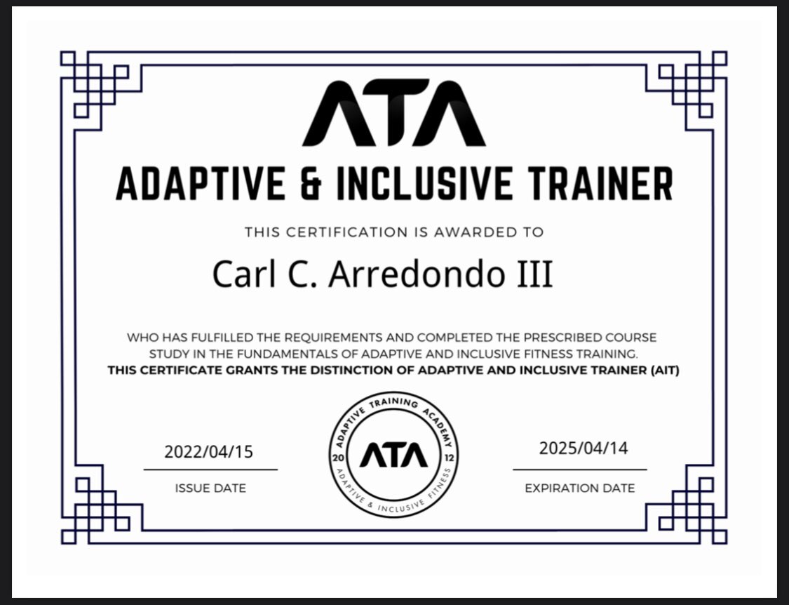 carl_arredondo's tweet photo. I completed a training to now be a Certified Adaptive & Inclusive Trainer from #AdaptiveTrainingAcademy. I am passionate about advocating for #visionimpairment & #adaptiveathletes 😎👨🦯 https://t.co/8rKHUdeA4g