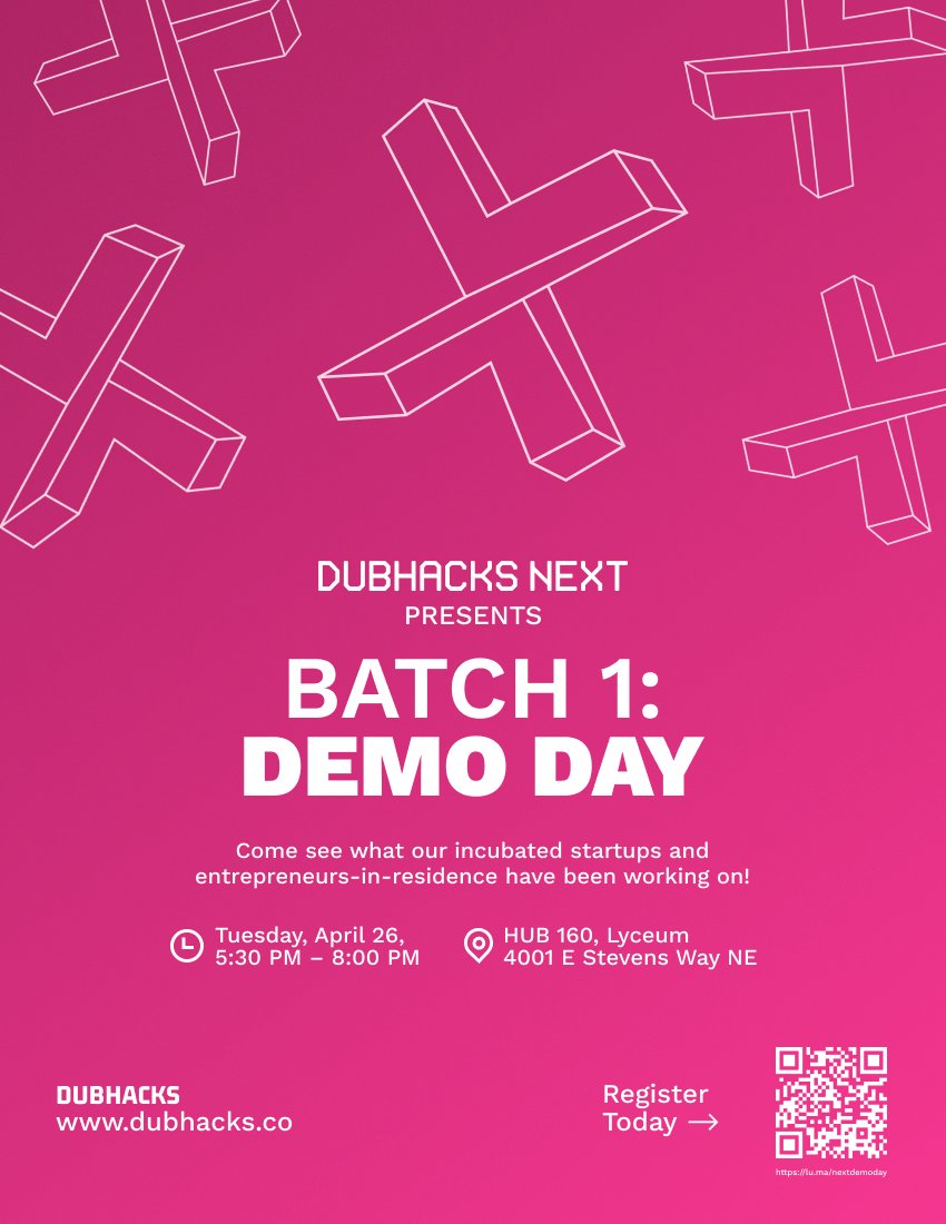 Less than 2 weeks until Demo Day! Demo Day will take place on April 26th from 5:30-8:00 at the HUB Lyceum.

Make sure to RSVP to see all these projects pitch and share their progress — complete with refreshments and networking opportunities.