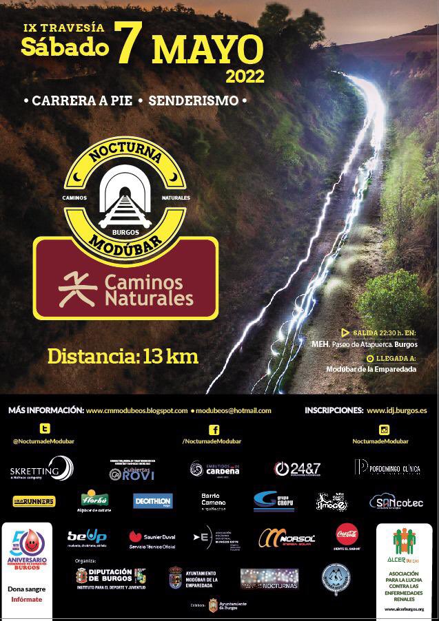 El 7 de mayo vuelve una de las carreras más chulas. Salida en Burgos, viendo la catedral, corriendo bajo la luna por una vía verde hasta Modúbar. 13 kms, andando o corriendo. Podéis apuntaros hasta el domingo a las 23:59. No os despistéis 😉 <a href="/NocturnaModubar/">Nocturna de Modúbar</a>