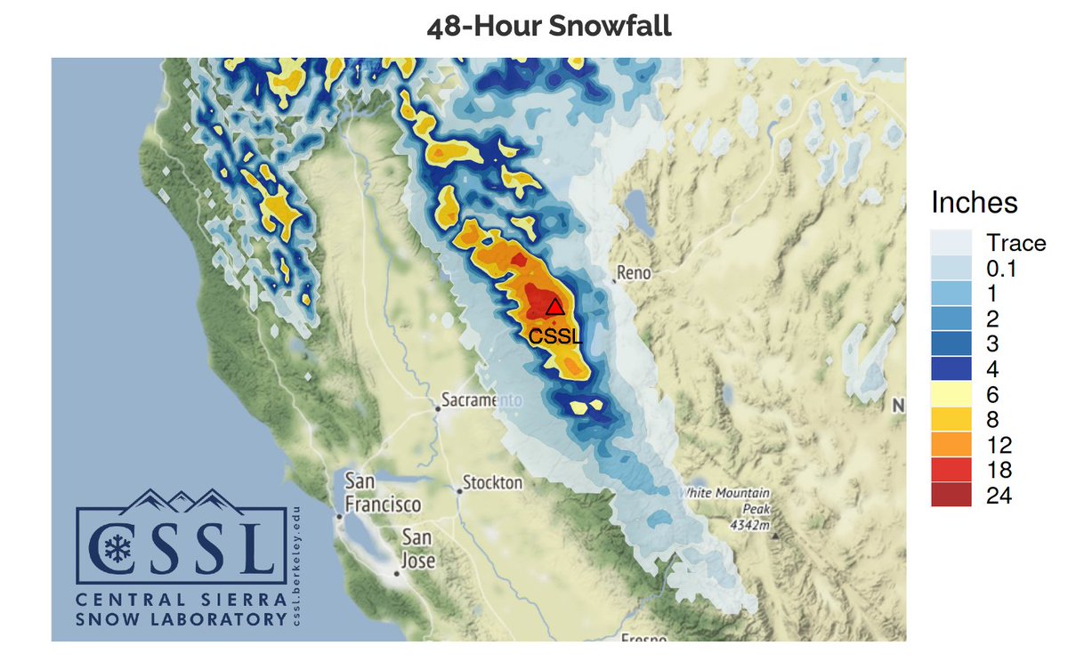 That new #snow looking good for parts of the northern and central Sierra Nevada! 

We're excited to see what this map looks like on Sunday morning after another couple days of snow!

#CAwx #CAwater