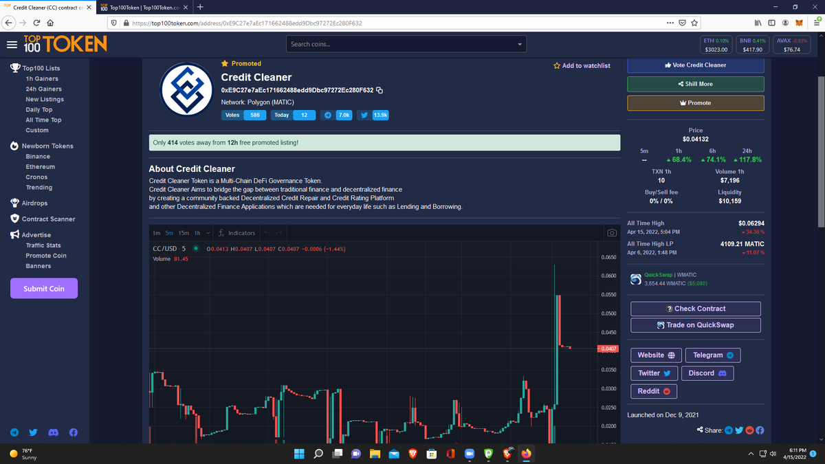 CreditCleanerCC's tweet photo. $CC using the $Matic pair are Trending on https://t.co/CEO9msUR0Y
Click the link below for more details. https://t.co/sFrATt3dZX