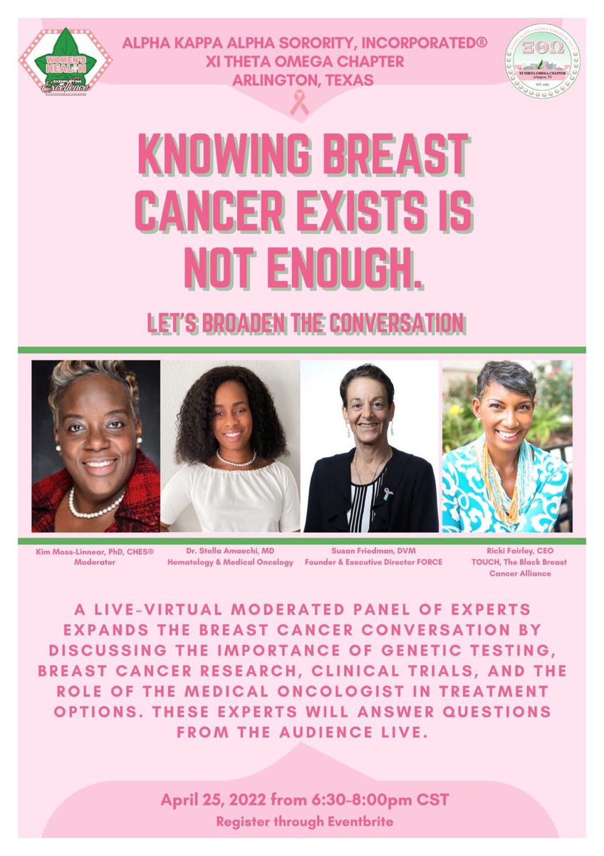 Knowing Breast Cancer Exists is Not Enough!  On April 25th at 6:30 p.m. (CST) join a panel of experts virtually to learn more.  They will answer questions live from the audience. Register and invite family and friends.

eventbrite.com/e/knowing-brea…