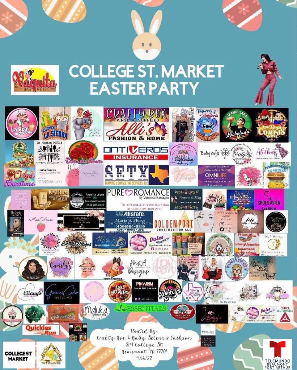 Telemundobalc's tweet photo. ๐#CraftyBox y #BabySelenasFashion te invitan al EASTER PARTY, maรฑana 16 de abril a partir de las 10am en College St. Market (3141 College St Beaumont TX).
Tributo a #Selena Quintanilla ๐, concurso de talento, huevitos de pascua, regalos, comida y mรกs.
#apoyalolocal #setx https://t.co/Ih0qenJgHF