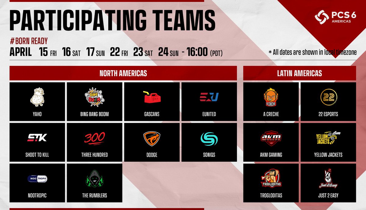 PUBGEsports's tweet photo. Let’s get ready to rummmmmble! 🔥

Which team is 100% going to dominate Match 1? 😎

👉https://t.co/QizojI5TR3
👉https://t.co/5Pmkr989YG 

#PCS6 #PUBGEsports #BornReady https://t.co/1USJes4bzW