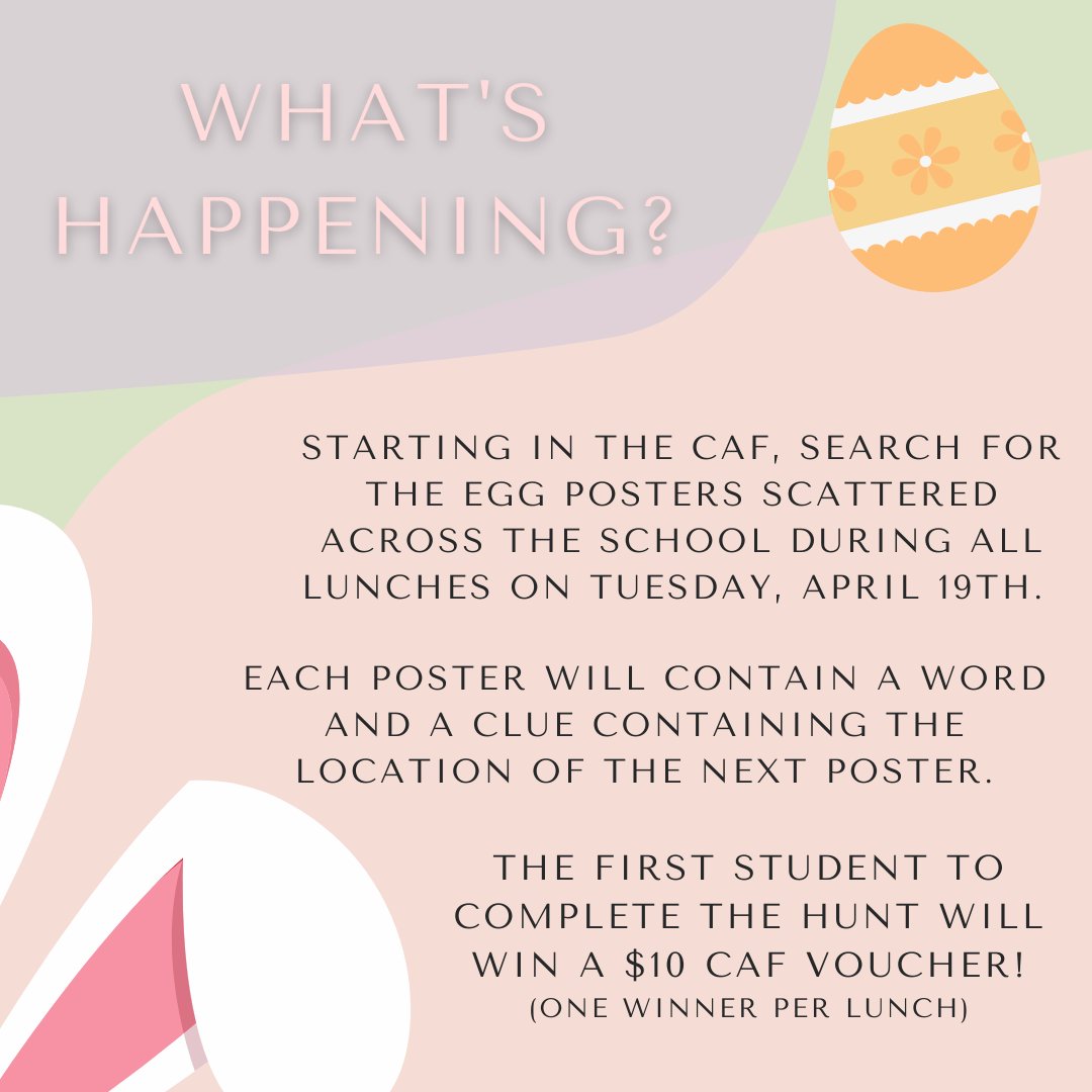 bressaniSAC's tweet photo. Hey Eagles! Your SAC is celebrating Easter with an Easter Egg Scavenger Hunt! Find out more about how you can win here! 🐣🔍 https://t.co/MSZNtvljha