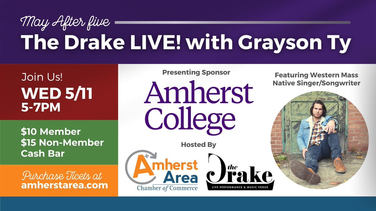 AmherstAreaCC's tweet photo. Join our monthly #After5 with fellow business, community, and civic leaders and decision-makers from across the #AmherstArea at @TheDrakeAmherst - #DowntownAmherst's new live music venue - presented by @AmherstCollege.
🗓️ Wed, May 11
🕔 5-7PM
🎟️ $10 Members /$15 Non-Members https://t.co/RwbTbBmV6u