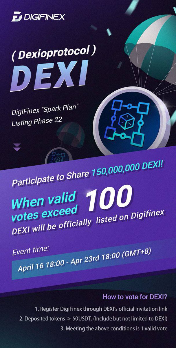 <a href="/Crypto__Diva/">.</a> 🚨$DEXI is coming to <a href="/DigiFinex/">DigiFinex Global</a>!
Digifinex is a top 20 CEX! Vote for a listing and a share of the 150 million #airdrop! 

Register 🔗 digifinex.com/en-ww/from/LxA…

Rules 📝 Today, vote using $50 USDT. Starting 16 April 11:00 UTC, vote using $50 #DEXI (net of fees). 

#newlistings
