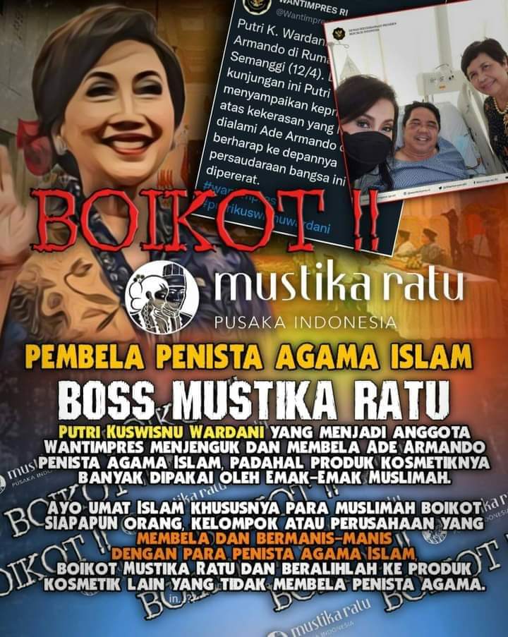 KRMTRoySuryo2's tweet photo. Viral Tagar #BoikotMustikaRatu 
Sebenarnya tdk ada yg Salah Kosmetika yg dulu dirintis Bu Mooryati Soedibyo tsb, Namun karena "keberpihakan" Putri Kuswisnu Mardani saat menjenguk AA (yg menggunakan Akun Wantimpres, meski sekarang sdh dihapus) itulah yg menuai Sebab-Akibat
AMBYAR https://t.co/xQRsyuWTVg