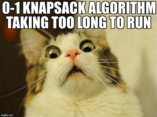 overflow_meme's tweet image. 0-1 Knapsack Algorithm taking too long to run stackoverflow.com/questions/7188… #greedy #knapsackproblem